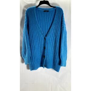 MANGO Women's Blue Ribbed V-Neck Button-Up Oversized Long Sleeve Cardigan SZ M